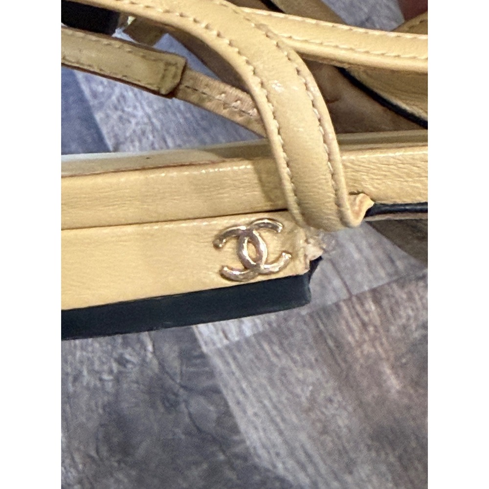 Chanel Beige Leather Black Cap Toe Slingback Flats CC Logo Made in Italy - Picture 9 of 13